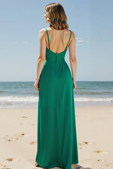 Green Sheath Long Evening Dress With Pocket